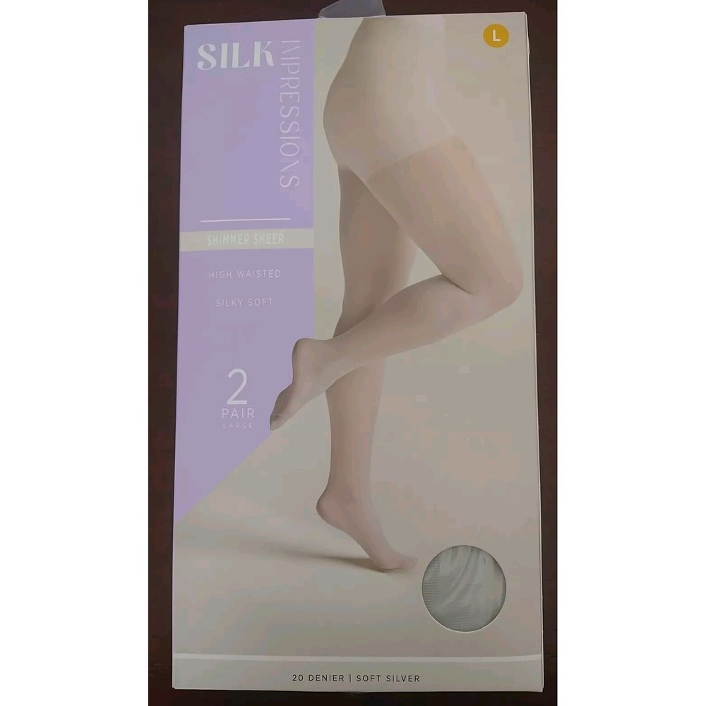 Silk Impressions Pantyhose L Silver 2-Pack Shimmer Sheer High Waisted 20 Den